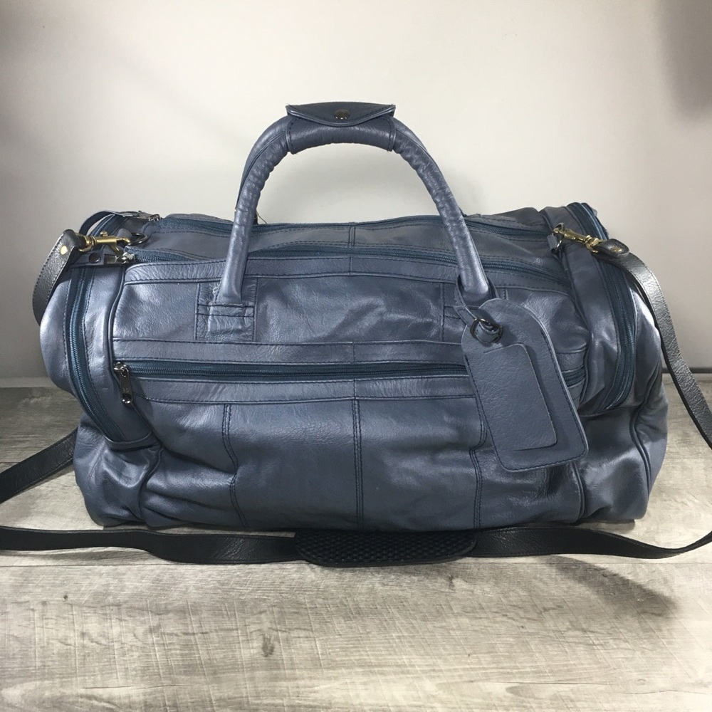 Vtg Gray Leather Duffel Duffle Gym Travel Weekender Everyday Bag Pack Luggage